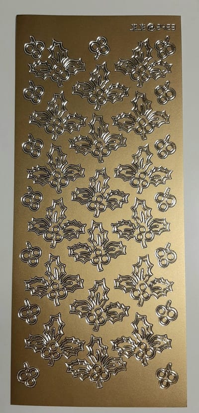 Jeje 2423 stickervel goud - 18x hulst+bes hulstblaadjes 15x besjes - kerst - zelfklevende stickers gouden