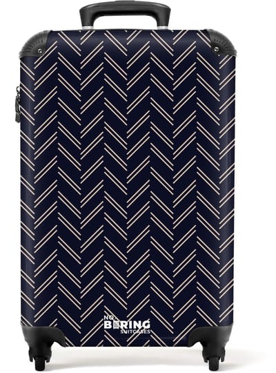 NoBoringSuitcases.com - Koffer dames - Visgraatstructuur met lichtroze lijnen op donkerblauw - Past binnen 55x40x20 cm en 55x35x25 cm - Trolley handbagage vrouwen - Valiezen met wieltjes volwassenen - Reiskoffer op wielen - Rolkoffer lichtgewicht