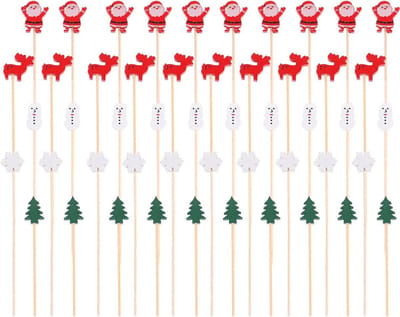 Houten tandenstokers 100 stuks voor kerstcocktails en mini-decoraties van hout in kerstboom vorm met rood rendier - Feestelijke tandenstokers