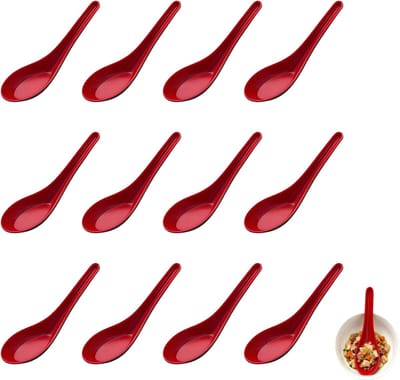 Soeplepels Set – ABS Kunststof Lepels Rood/Zwart – Herbruikbare Eetlepels voor Soep, Rijst, Ramen en Dessert