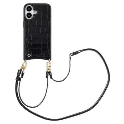 Selencia Hoesje - Geschikt voor Apple iPhone 16 - Croco Backcover met koord en pashouder - Zwart