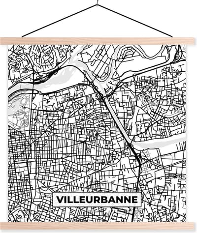 Posterhanger incl. Poster 40x40 cm - Schoolplaat - Frankrijk Villeurbanne - Stadskaart - Plattegrond - Kaart - Zwart wit - Textielposter - Blanke latten - Stadskaart