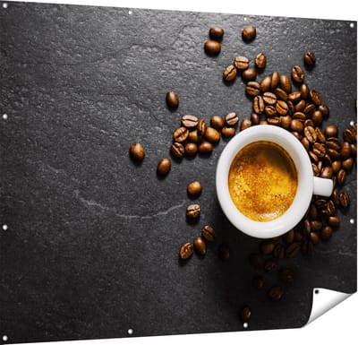 Gards Tuinposter Kopje Koffie met Koffiebonen - 150x120 cm - Tuindoek - Tuindecoratie - Wanddecoratie buiten - Tuinschilderij