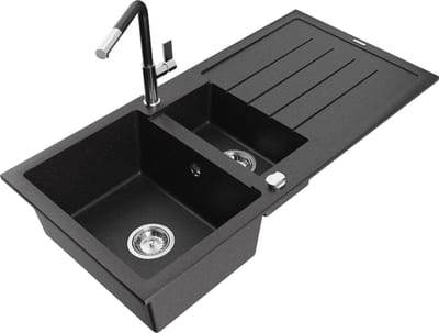 Mexen Andres granieten spoelbak 1,5-komor met afdruiprek en keukenkraan Flora, zwart/zilver - 6515-73-670401-07