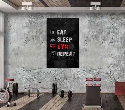 Glasschilderij Eat Sleep Gym Repeat – Motivatie Poster voor Fitnessruimte – Stoere Sport Wanddecoratie - 90x60 cm