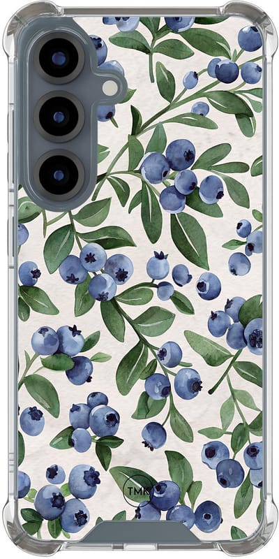 Shockproof hoesje geschikt voor Samsung Galaxy S25 - Blueberries - Schokbestendig - Verhoogde randen - TPU case - Extra Sterke Back Cover - Print - Transparant, Blauw