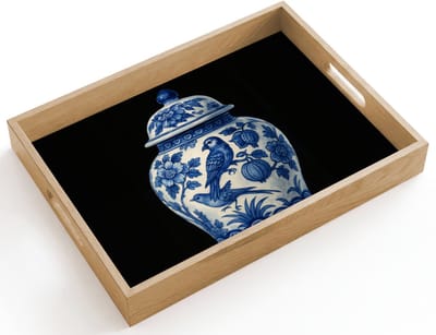 Dienblad hout 40x30 cm - Schootdienblad - Pot - Delfts Blauw - Bloemen - Borrelplank rechthoek - Plateau dienbladen