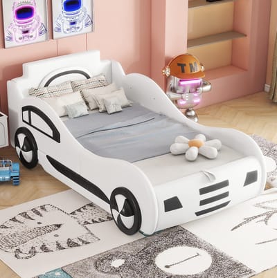 Laadbed, 90 x 200 cm, met lattenbodem (matras niet inbegrepen), autobed, autovormig bed, kinderbed, kinderbed met opbergruimte onder het bed, wit.