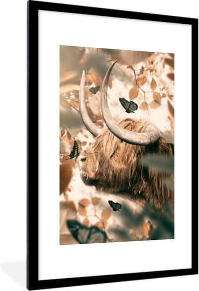 Fotolijst incl. Poster - Schotse hooglander - Zon - Vlinders - 60x90 cm - Posterlijst