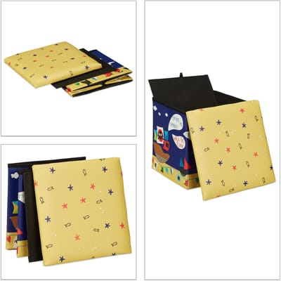 poef kinderkamer - piraat design - opbergpoef vouwbaar - 31 x 31 x 31 cm - blauw-geel
