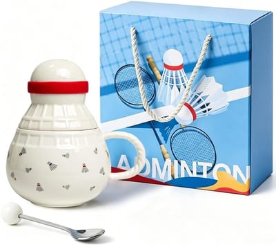 Creatieve keramische badminton-koffiemok met deksel en lepel, 370 ml sportbeker in veerbal-design, ideaal cadeau voor badmintonliefhebbers en sportfans