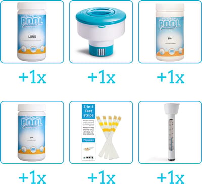 Zwembad Onderhoudspakket - Onderhoud Zwembad - bevat Chloor - Chloordrijver - PH-min - PH-plus - Testrips en Thermometer (6-delig)