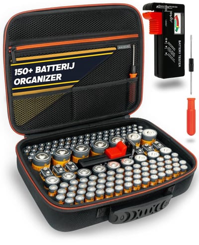 Thijox - AKIELO+ Batterij Opbergkoffer voor 150+ Batterijen met Tester en Schroevendraaier - Organizer voor AAA, AA, C, D en 9V Batterijen - Ideaal vo