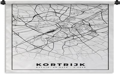 Wandkleed - Wanddoek - Stadskaart – Zwart Wit - Kaart – Kortrijk – België – Plattegrond - 180x120 cm - Wandtapijt