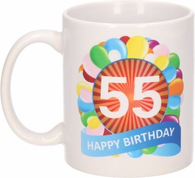 55 jaar Verjaardag koffiemok - cadeau beker - feestelijke ballonnen print - 300 ml - keramiek - wit