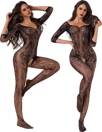 Elana - Elowen - Bodystocking Erotische Lingerie met Open Kruis - Catsuit - S t/m XL - Sexy Dames Lingerie - Zwart