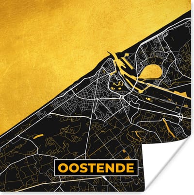 Poster Kaart - Oostende - Plattegrond - Stadskaart - Goud - 100x100 cm XXL