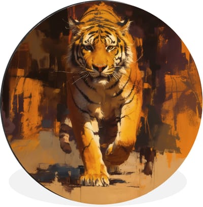 WallCircle - Wandcirkel - Muurcirkel - Tijger - Geschilderd - Oranje - Penseelstreken - Aluminium - Dibond - 30x30 cm - Binnen en Buiten