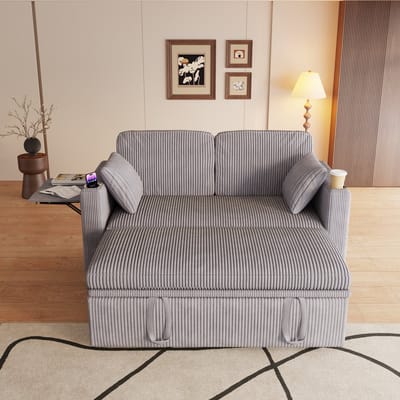 MODFU Slaapstoel Met Uitschuifbed - Verstelbare Rugleuning En Opklaptafels - Voor Woonkamer - Ribfluweel - Grijs