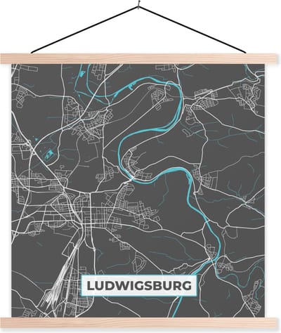 Posterhanger incl. Poster 40x40 cm - Schoolplaat - Stadskaart – Ludwigsburg – Duitsland – Plattegrond – Kaart - Textielposter - Blanke latten - Stadskaart