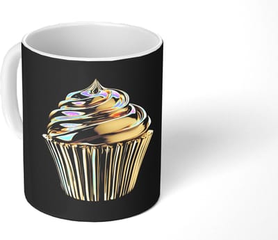 Mok - Koffiemok - Cupcake - Eten - Goud - Zwart - Mokken - 350 ML - Beker - Koffiemokken - Theemok