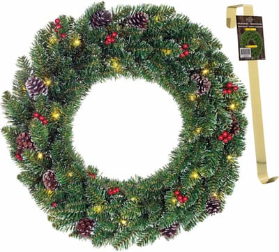Kerstkrans met licht en versiering - 142 takken-D45 cm met ophang haak