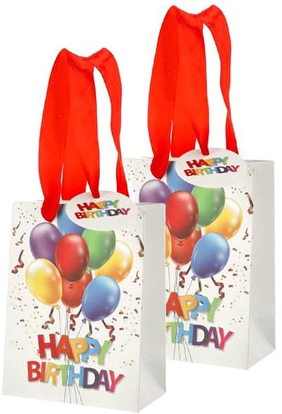 Cepewa verjaardag giftbags/cadeau tasjes - 2x - wit - happy birthday - ballonnen - 11 x 14 x 6 cm