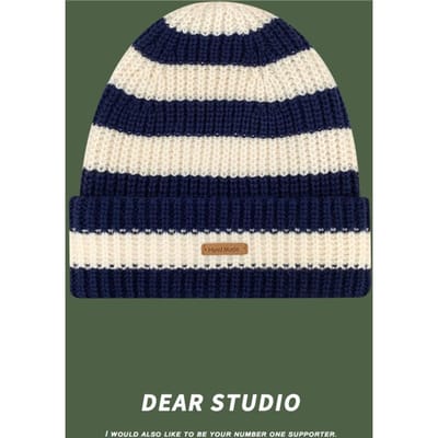 Chapeau en laine rayé avec lettres japonaises Petit label Grande version pour femmes En automne et en hiver Chaud Polyvalent Grande circonférence de la tête Chapeau en maille poilue Tendance M（56-58cm）