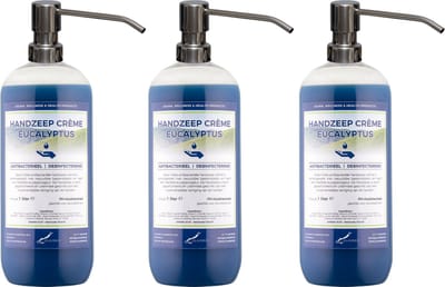 Handzeep Crème Eucalyptus 1 liter - set van 3 stuks - met gratis RVS zilverkleurige pomp - Voordeelverpakking