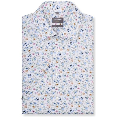 OLYMP Luxor comfort fit overhemd - korte mouw - dobby - wit met blauw en roze bloemetjes dessin - Strijkvrij - Boordmaat: 44 (EU maat: XL)