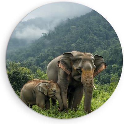 Saammp Muurcirkel Hout - Olifant met kalf in thailand - Dieren - Ø 90 - Wandcirkel - Wanddecoratie Cirkel - muurdecoratie Woonkamer - Slaapkamer decoratie - Rond Schilderij