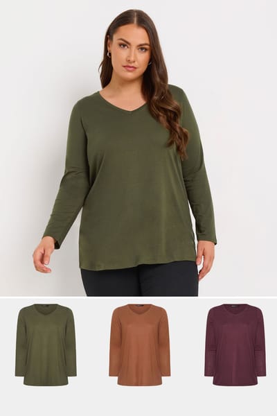 Yours Set Van Drie Paar Tops Met Lange Mouwen In Bruin/Kakigroen/Paars Size 50-52