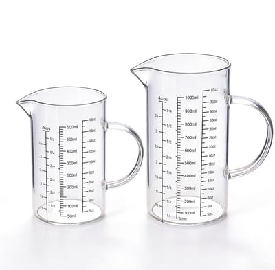 SnelShoppen - Set van 2 Glazen Maatbekers 500 ml + 1 L, Transparante Glas Maatbeker met Tuit en Handvat, 3 Maatbekers (L/oz/Cups) voor Bakken en Koken