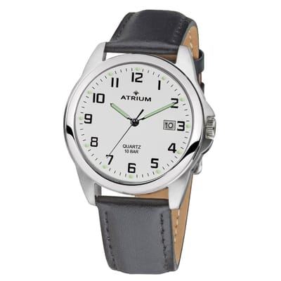 ATRIUM Horloge - Heren - Zilverkleurig - 10 bar Waterdicht - Zwart leren band (16,5-21,5 cm) - Witte Wijzerplaat - Datum - Edelstaal - Duidelijk - Quartz Uurwerk - Edelstalen Sluiting - A16-10
