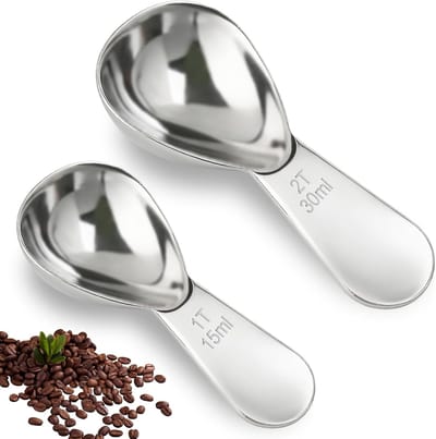 Set van 2 korthandige koffielepels, 1 eetlepel (15ml) en 2 eetlepels (30ml) roestvrijstalen maatlepels voor koffie, thee en suiker