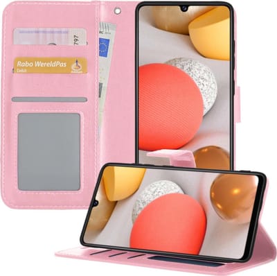 Hoesje - Met Pasjeshouder - Geschikt voor Samsung Galaxy A42 - Luxe Bookcase Portemonee - Flip Case - Kunstleer Book Case - Flipcase - Book Cover - Walletcase - Portemonneehoes - Telefoonhoesjes - Lichtroze