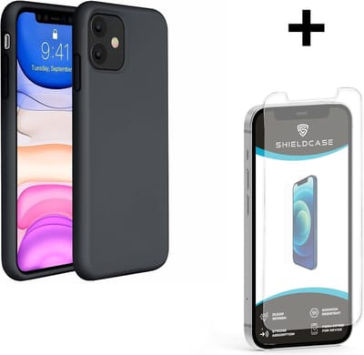 ShieldCase Silicone case geschikt voor Apple iPhone 12 Mini - 5.4 inch - optimale bescherming - siliconen hoesje - backcover - zwart + glazen Screen Protector