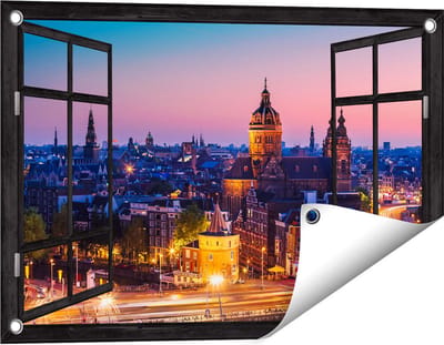Gards Tuinposter Doorkijk Amsterdam Skyline bij Zonsondergang - 60x40 cm - Tuindoek - Tuindecoratie - Wanddecoratie buiten - Tuinschilderij