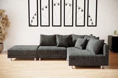 hoekbank denver mini- zwart stof- met poef (hocker)- hoeksalon denver mini- zetelsenbedden