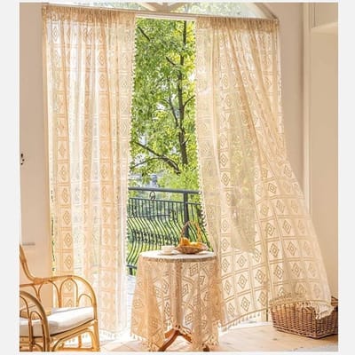 Dailygoods- Boho Gordijnen Set van 2 - Vintage Landelijke Stijl - Gehaakt Katoen - Beige met Kwastjes - 140 x 250 cm - Duurzaam en Comfortabel - Raamgordijnen