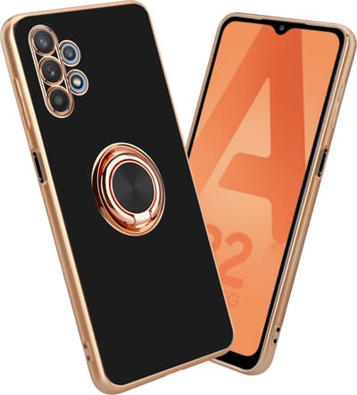 Cadorabo Hoesje geschikt voor Samsung Galaxy A32 5G in Glossy Zwart - Goud met ring - Beschermhoes van flexibel TPU-silicone Case Cover met camerabescherming en magnetische autohouder