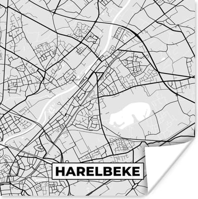 Poster België – Harelbeke – Stadskaart – Kaart – Zwart Wit – Plattegrond - 100x100 cm XXL
