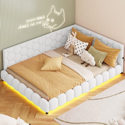 Witte Teddy Fluwelen Slaapbank 140x200 cm met LED Verlichting & USB/Type-C Poort – Comfortabel Kinderbed of Tweepersoonsbed