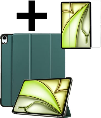 Hoes - Geschikt voor Apple iPad Air (2024/2025/2026) - 11 inch - Met Screenprotector - Trifold Bookcase - Hard Cover - Hardcover Book Case - Tablet Hoesje - Donkergroen