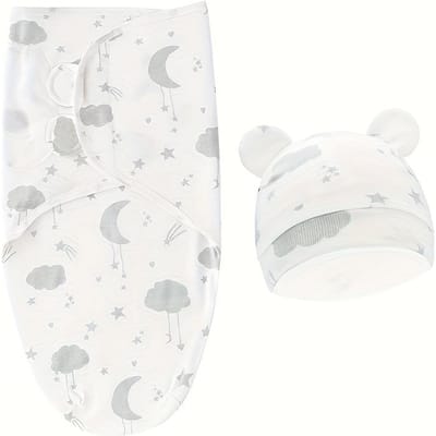 1 stuk Baby Inbakerdoek Set met Muts, Zachtgrijs, Ster-, Wolken- & Maanpatronen voor Jongens en Meisjes, Vakantiecadeau wit