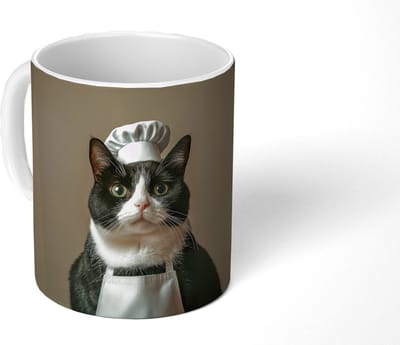 Mok - Koffiemok - Kat - Kokskleding - Zwart - Wit - Mokken - 350 ML - Beker - Koffiemokken - Theemok