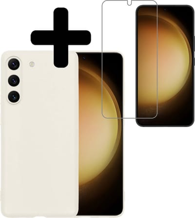 Hoesje - Met Screenprotector - Geschikt voor Samsung Galaxy S23 - Sterk & Shockproof - Back Cover - Siliconen Case - Telefoon Hoes - Telefoonhoesjes - Wit