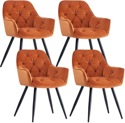 Set van 4 Fluwelen Eetkamerstoelen met Armleuningen – Gestoffeerde Stoelen met Dikke Zitting en Rugleuning – Moderne Accentstoelen met Metalen Poten – Voor Eetkamer, Woonkamer & Lounge