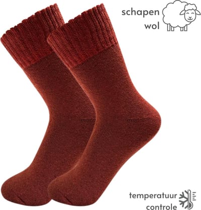 Thermo Sokken met Wol - maat 34-37 - Dikke wintersokken - Rood/Bruin - Wollen sokken kinderen/dames - Huissokken/Thermosokken