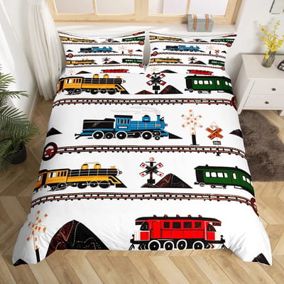 Vintage Stoomtrein Dekbedovertrek Cartoon Klassiek Spoorweg Retro Beddengoed Set Cadeau voor Meisjes Jongens Reis Locomotief Trein Bed Overtrek US Full(200*230cm)3pcs